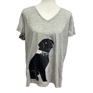 Hand Printed Upcycled XXL Black Lab Dog Puppy Floral Short Sleeve V-Neck Tee